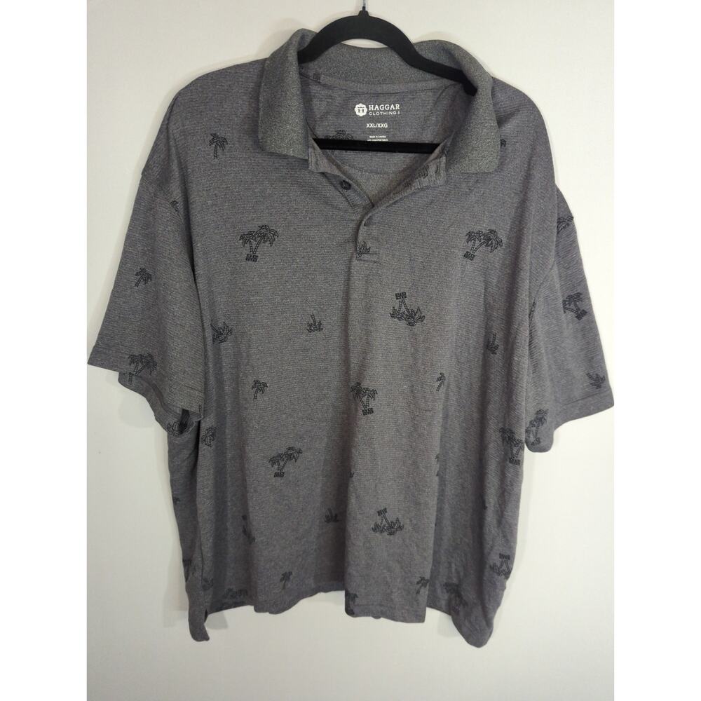 Haggar Clothing Coconut Tree Print Polo Shirt Mens XXL Gray & Black Golf Casual
